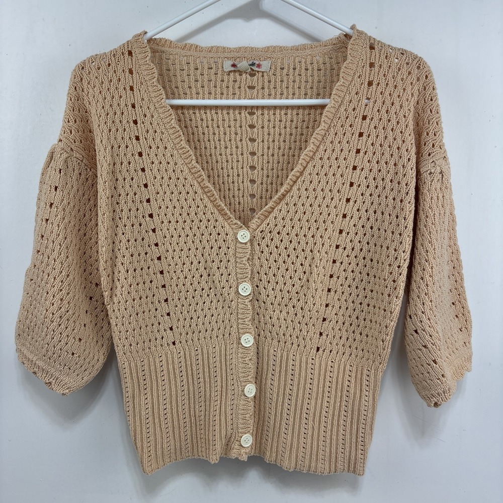 Womens Peach Open Knit Short Puff Sleeve Button Up‎ Cardigan Size M Feminine